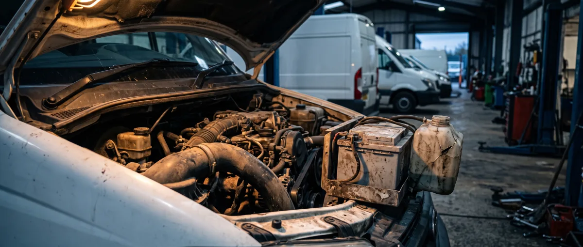 Otvorený motorový priestor úžitkovej dodávky vo firemnom servise