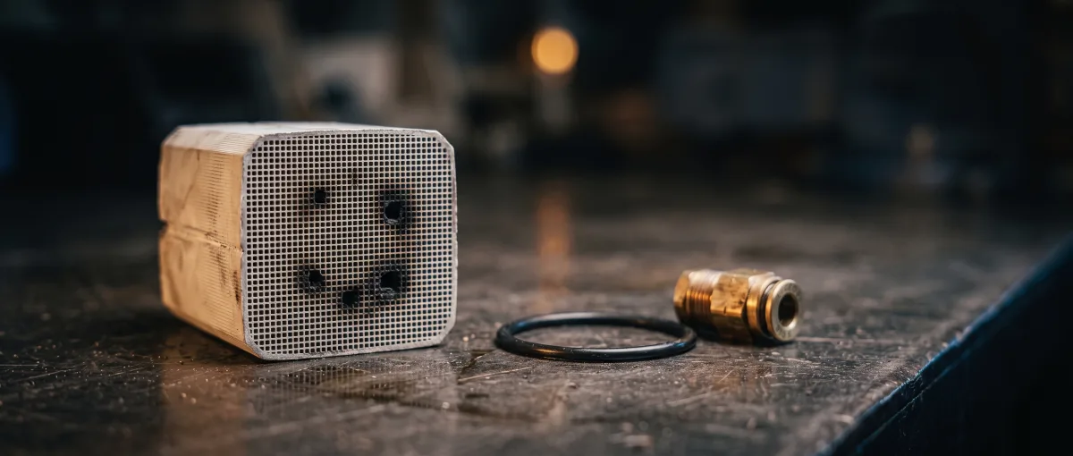 Rozrezaný filter pevných častíc s keramickou voštinou zanesenou sadzami