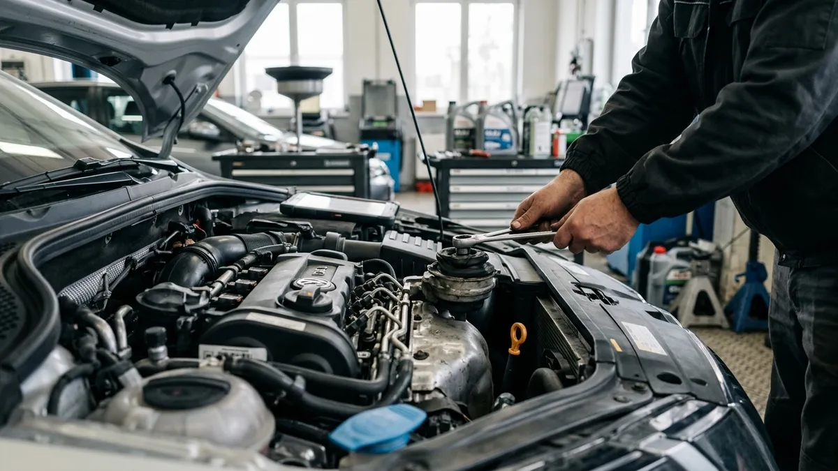 Automechanik v rukaviciach diagnostikuje príčiny vibrácií motora v profesionálnom servise